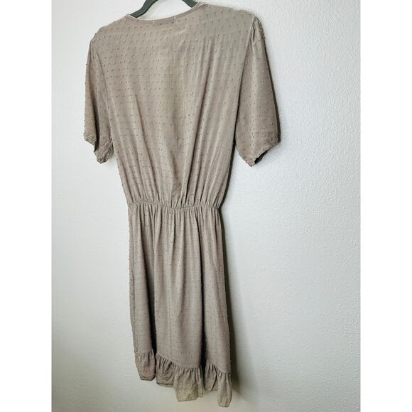 Alice Rinaldi Taupe Tonal Polka Dot Short Sleeve Faux Wrap Ruffle Dress M - Picture 8 of 13